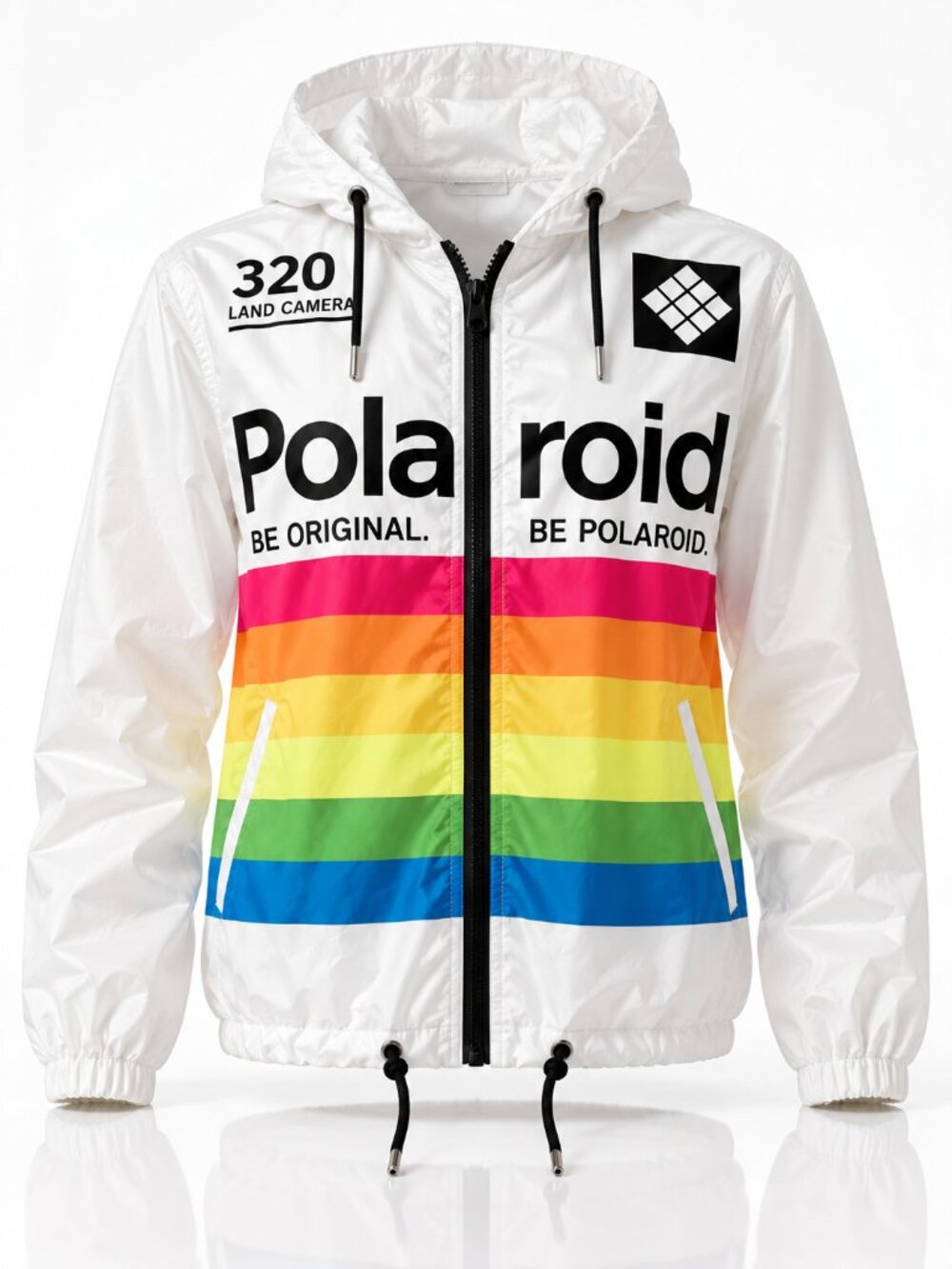 POLAROID Retro Rainbow Stripe Windbreaker Hooded Jacket White Small